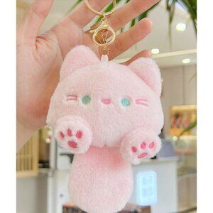 Cute Pink Cat Plush Keychain With Gold Clip Soft Toy Bag Charm Adorable Accessor